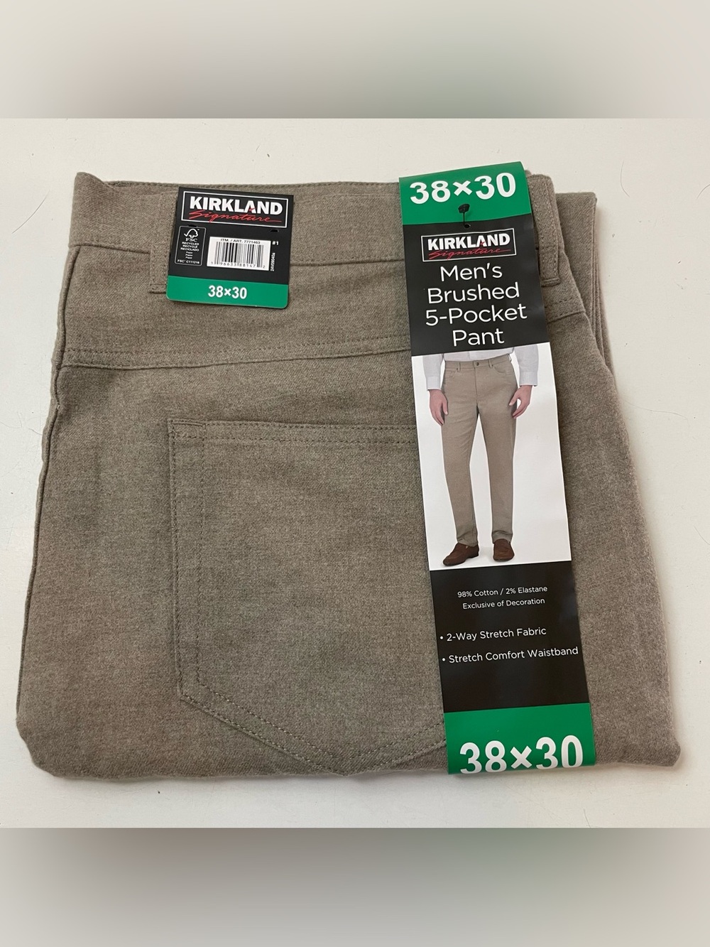 NEW Kirkland Signature Men's Pants 38x30 Brushed 5 Pocket Cotton Tan Stretch